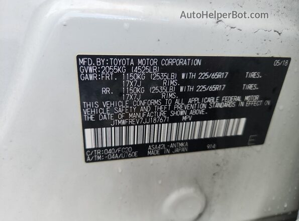 JTMWFREV7JJ187671 2018 TOYOTA RAV4 Белый Вид наклейки с VIN-кодом