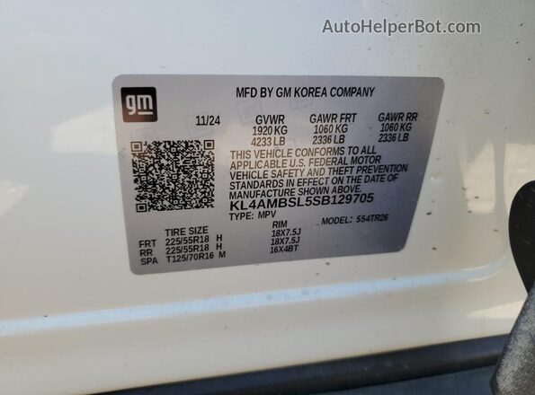 KL4AMBSL5SB129705 2025 BUICK ENCORE White VIN კოდის სტიკერის ხედი