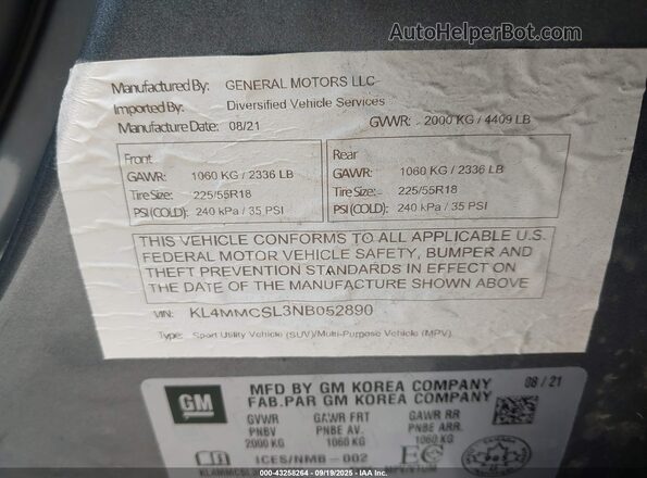 KL4MMCSL3NB052890 2022 BUICK ENCORE Gray Вид підкапотного простору