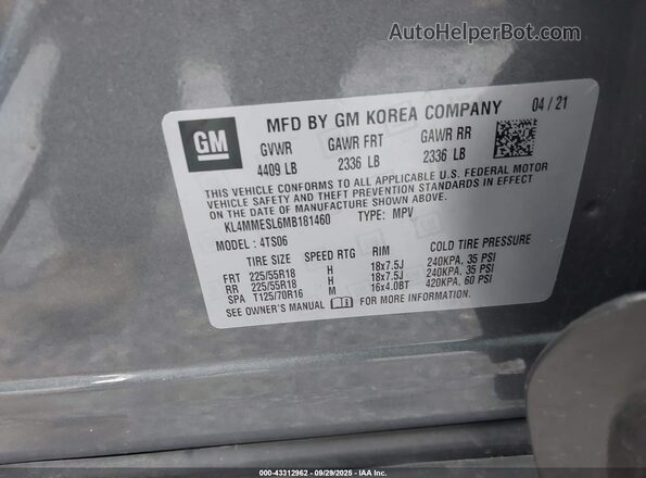 KL4MMESL6MB181460 2021 BUICK ENCORE Gray ძრავის განყოფილების ხედი