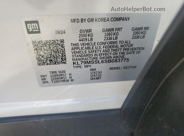KL79MSSL6SB083775 2025 CHEVROLET TRAILBLAZER White Widok naklejki z numerem VIN