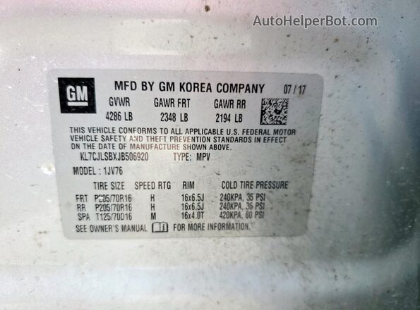 KL7CJLSBXJB506920 2018 CHEVROLET TRAX Silver ძრავის განყოფილების ხედი