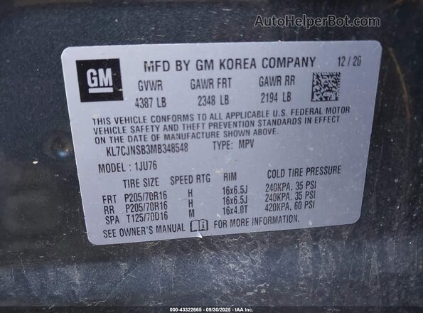 KL7CJNSB3MB348548 2021 CHEVROLET TRAX Черный Вид подкапотного пространства