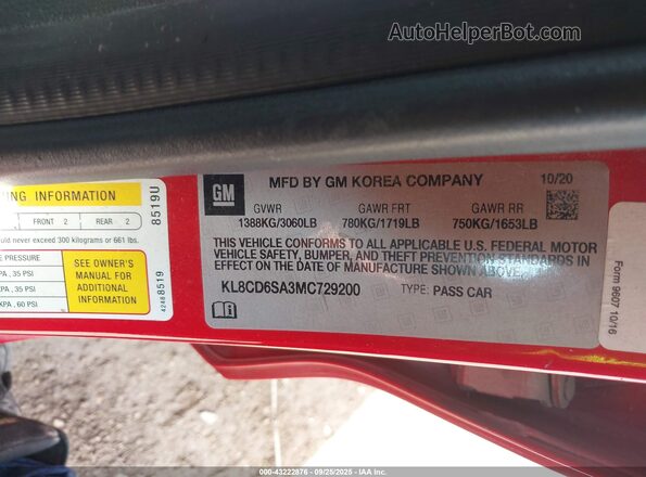 KL8CD6SA3MC729200 2021 CHEVROLET SPARK Красный Вид подкапотного пространства