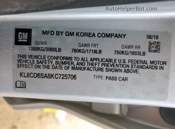 KL8CD6SA8KC725706 2019 CHEVROLET SPARK Серебряный Вид подкапотного пространства