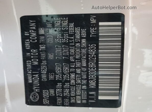KM8JB3DE8RU294836 2024 HYUNDAI TUCSON White Панорамний вид салону 360°