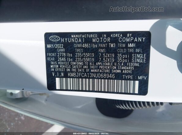KM8JFCA13NU068946 2022 HYUNDAI TUCSON HYBRID Белый Вид подкапотного пространства