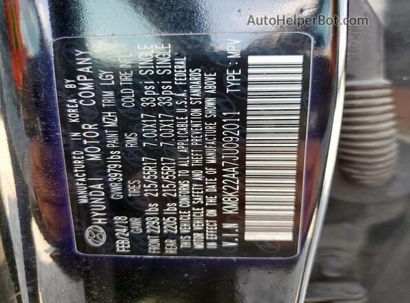 KM8K22AA7JU092011 2018 HYUNDAI KONA Black VIN კოდის სტიკერის ხედი