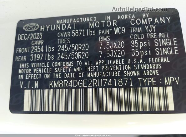 KM8R4DGE2RU741871 2024 HYUNDAI PALISADE White Вид підкапотного простору