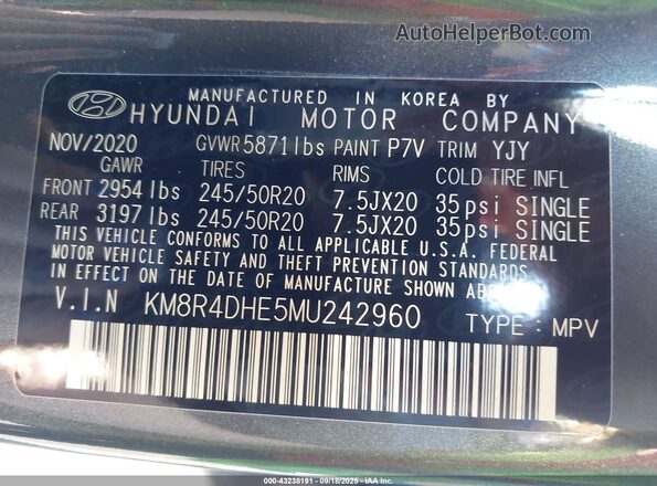 KM8R4DHE5MU242960 2021 HYUNDAI PALISADE Серый Вид подкапотного пространства