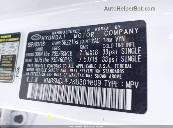 KM8SMDHF2KU301809 2019 HYUNDAI SANTA FE XL Белый Вид подкапотного пространства