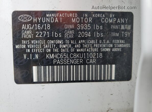 KMHC65LC8KU110218 2019 HYUNDAI IONIQ Белый Вид наклейки с VIN-кодом