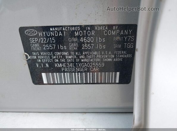 KMHE34L1XGA025559 2016 HYUNDAI SONATA HYBRID Серебряный Вид подкапотного пространства