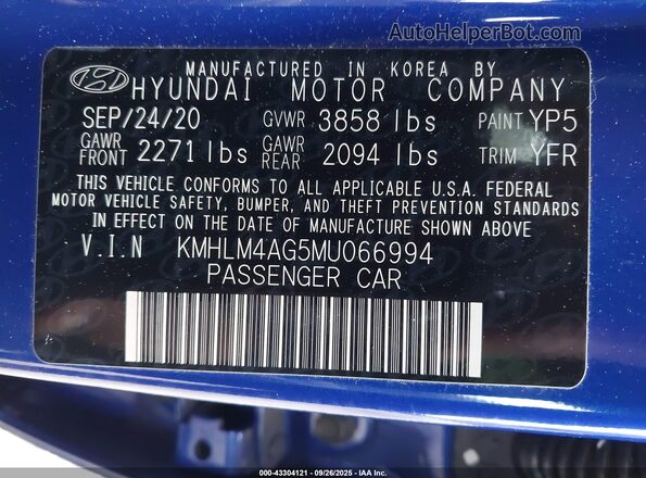 KMHLM4AG5MU066994 2021 HYUNDAI ELANTRA Blue Widok komory silnika