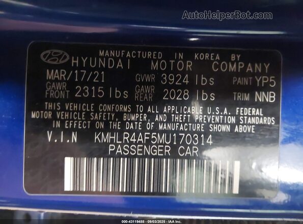 KMHLR4AF5MU170314 2021 HYUNDAI ELANTRA Blue ძრავის განყოფილების ხედი