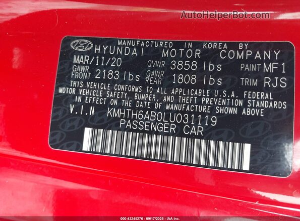 KMHTH6AB0LU031119 2020 HYUNDAI VELOSTER Красный Вид подкапотного пространства