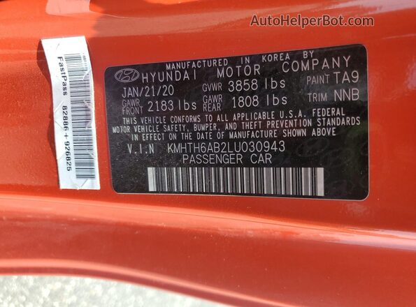 KMHTH6AB2LU030943 2020 HYUNDAI VELOSTER Orange Вид підкапотного простору
