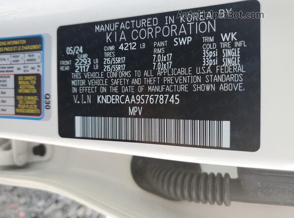 KNDERCAA9S7678745 2025 KIA SELTOS White VIN კოდის სტიკერის ხედი