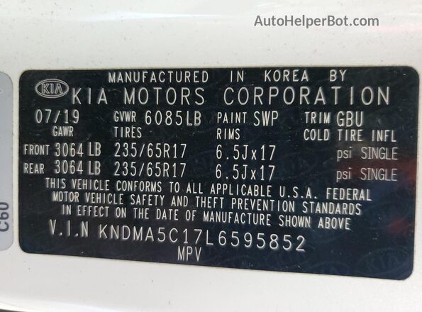 KNDMA5C17L6595852 2020 KIA SEDONA White Սալոնի 360 աստիճան տեսք