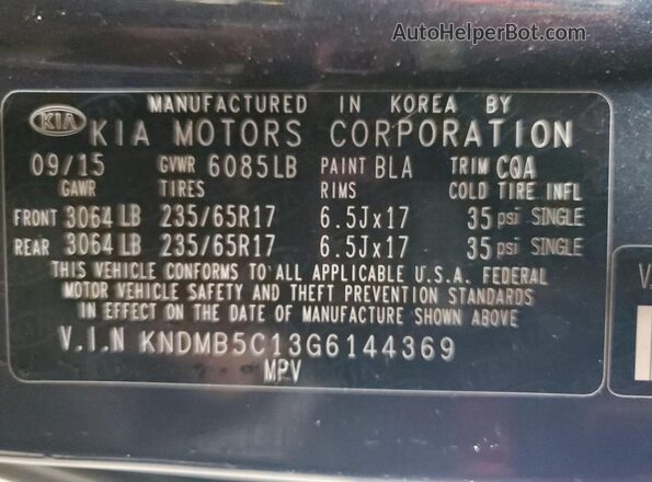 KNDMB5C13G6144369 2016 KIA SEDONA Blue Widok naklejki z numerem VIN