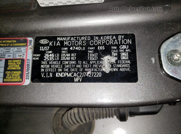 KNDPMCAC2J7427220 2018 KIA SPORTAGE Серый Вид наклейки с VIN-кодом