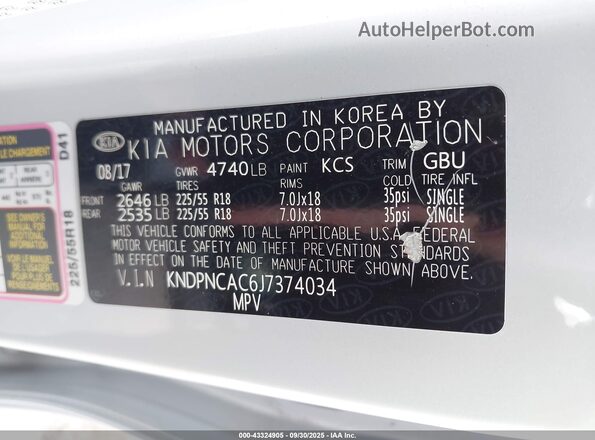 KNDPNCAC6J7374034 2018 KIA SPORTAGE Серебряный 