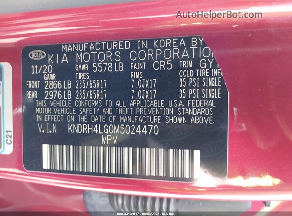 KNDRH4LG0M5024470 2021 KIA SORENTO HYBRID Красный Вид подкапотного пространства
