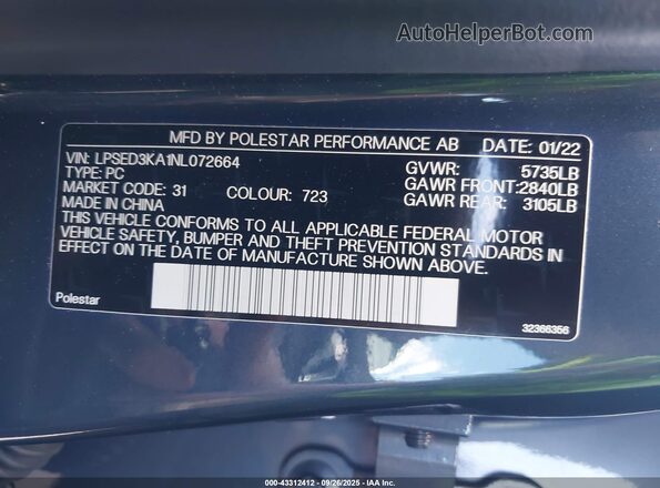 LPSED3KA1NL072664 2022 POLESTAR 2 Черный Вид подкапотного пространства