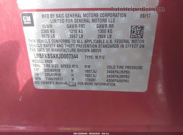LRBFXBSAXJD007344 2018 BUICK ENVISION Red Widok komory silnika