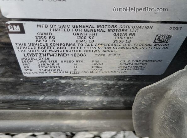 LRBFZNR47MD110303 2021 BUICK ENVISION Black Vista de la etiqueta del VIN
