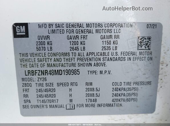 LRBFZNR48MD190985 2021 BUICK ENVISION White ძრავის განყოფილების ხედი
