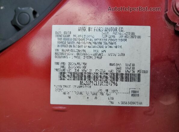 MAJ6P1CL1JC204796 2018 FORD ECOSPORT Red VIN კოდის სტიკერის ხედი