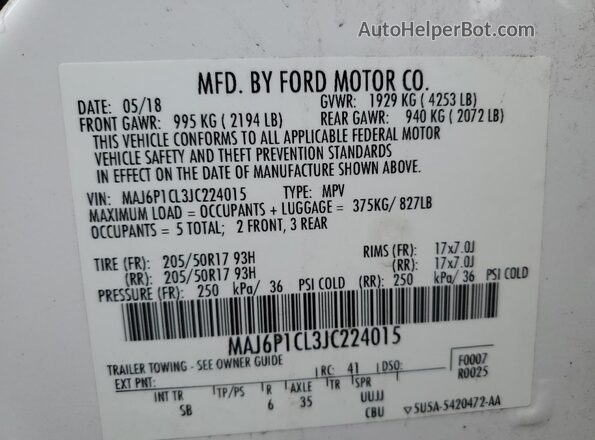MAJ6P1CL3JC224015 2018 FORD ECOSPORT White VIN კოდის სტიკერის ხედი