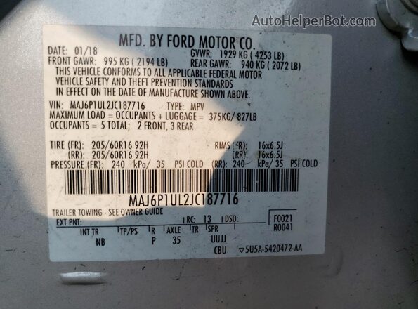 MAJ6P1UL2JC187716 2018 FORD ECOSPORT Серебряный Вид наклейки с VIN-кодом