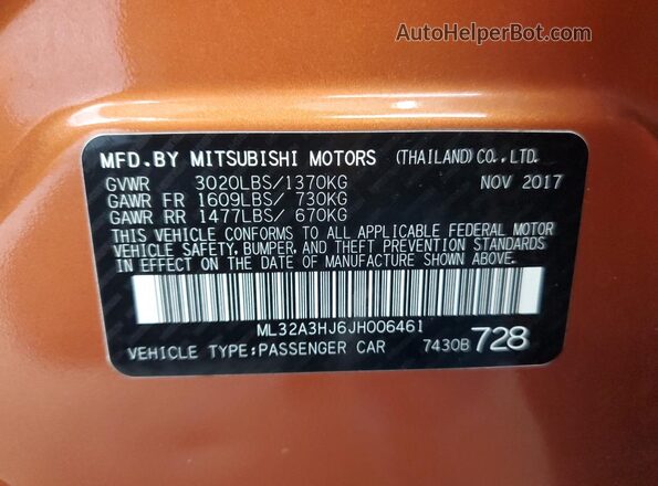 ML32A3HJ6JH006461 2018 MITSUBISHI MIRAGE Orange VIN sticker view