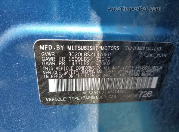 ML32A4HJ7JH014364 2018 MITSUBISHI MIRAGE Blue Vista de la etiqueta del VIN