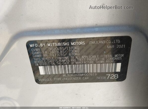 ML32AUHJ6MH007619 2021 MITSUBISHI MIRAGE Silver Вид підкапотного простору