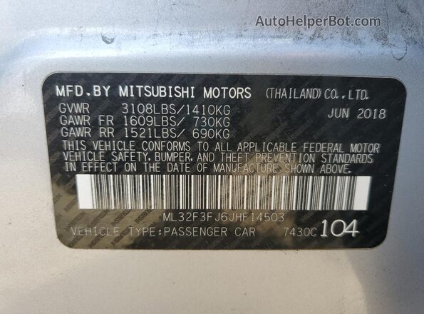 ML32F3FJ6JHF14503 2018 MITSUBISHI MIRAGE Серебряный Вид наклейки с VIN-кодом