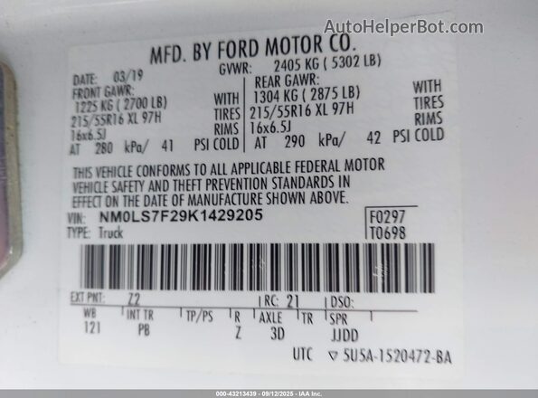 NM0LS7F29K1429205 2019 FORD TRANSIT CONNECT White Vista del compartimento del motor