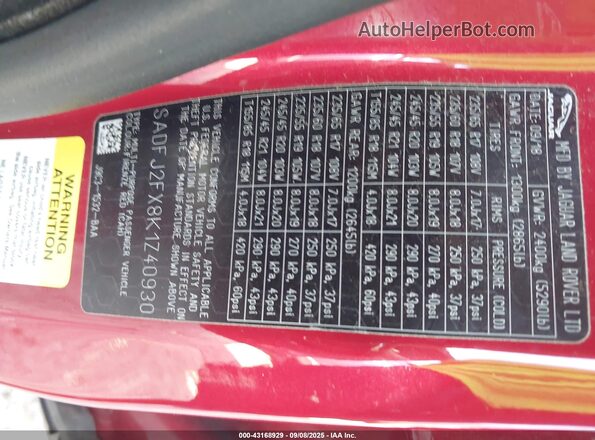 SADFJ2FX8K1Z40930 2019 JAGUAR E-PACE Красный Вид подкапотного пространства