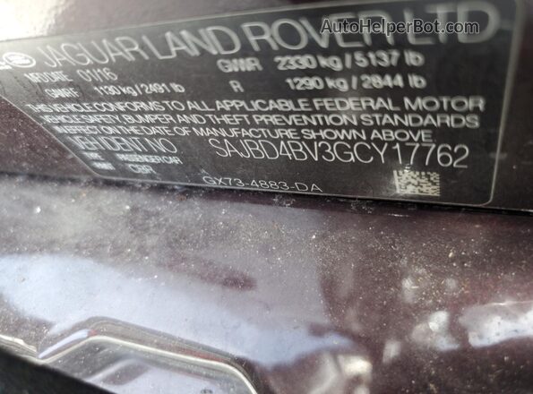 SAJBD4BV3GCY17762 2016 JAGUAR XF Burgundy Widok naklejki z numerem VIN