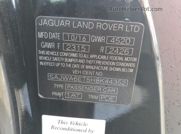 SAJWA6ET5H8K44352 2017 JAGUAR F-TYPE Черный Вид наклейки с VIN-кодом