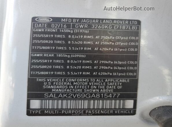 SALAK2V69GA815477 2016 LAND ROVER LR4 White VIN კოდის სტიკერის ხედი