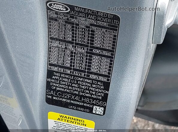 SALCJ2FX4LH834569 2020 LAND ROVER DISCOVERY SPORT Silver Vista del compartimento del motor
