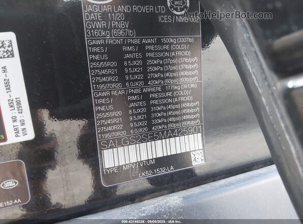 SALGS2SE5MA425901 2021 LAND ROVER RANGE ROVER Black Engine compartment view