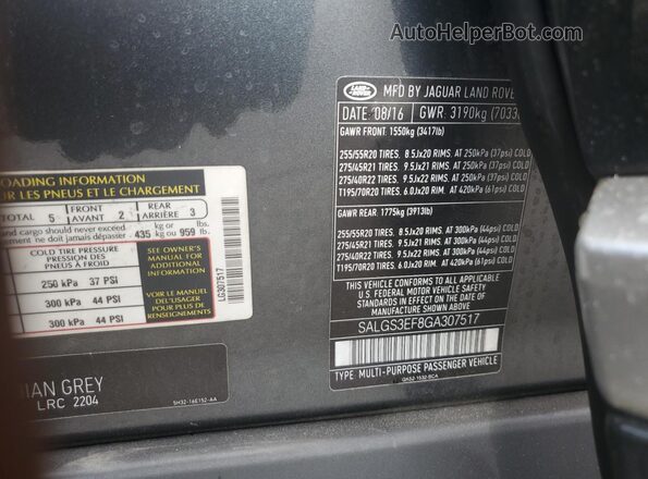 SALGS3EF8GA307517 2016 LAND ROVER RANGE Gray VIN კოდის სტიკერის ხედი