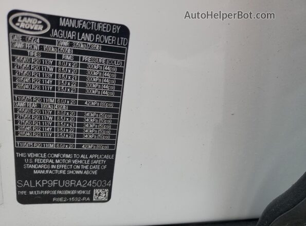 SALKP9FU8RA245034 2024 LAND ROVER RANGE Желто-коричневый Вид наклейки с VIN-кодом