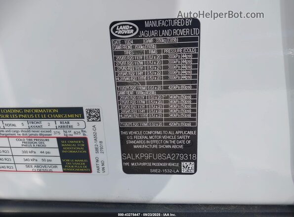 SALKP9FU8SA279318 2025 LAND ROVER RANGE ROVER White Вид підкапотного простору