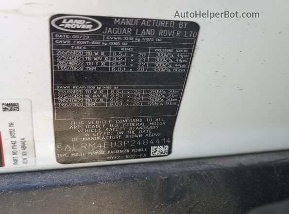 SALRM4EU3P2484414 2023 LAND ROVER DISCOVERY White VIN კოდის სტიკერის ხედი
