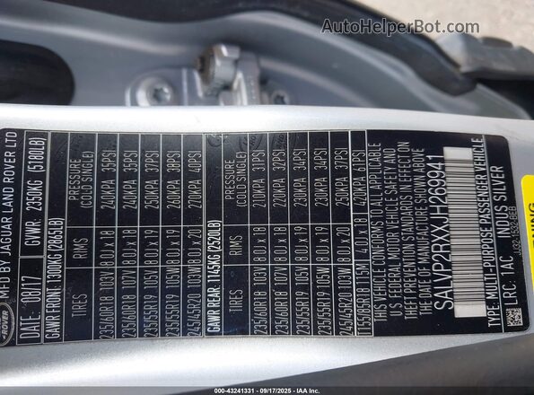 SALVP2RXXJH269941 2018 LAND ROVER RANGE ROVER EVOQUE Silver Vista del compartimento del motor